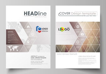 The vector illustration of the editable layout of two A4 format covers with triangles design templates for brochure, flyer, booklet. Global network connections, technology background with world map.