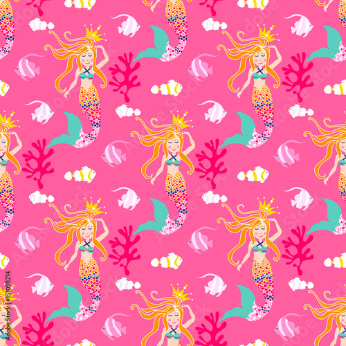 Seamless Pattern With Mermaid Vector Background Nice Underwater