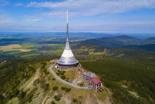 Aerial View Of Jested Tower On The Top Of Jested Mountain 1 012 M (3,320 Ft). Famous Tourist Attraction Near Liberec In Czech Republic, Europe. TV Broadcast Tower Was Built Between 1963 And 1968.