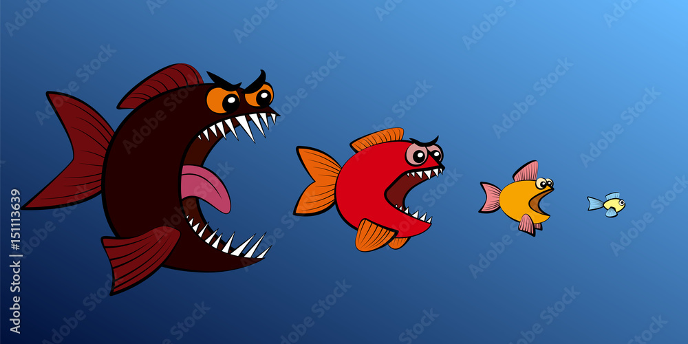 Big fish eats small fish - symbol for food chain, business takeover, hierarchy, absorption, usurpation or seizing power. Comic illustration on blue sea gradient background.