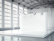 Empty stage with lightspots in modern exhibition interior. 3d rendering