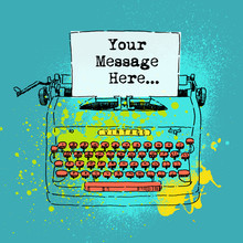 Ink Drawing Of Vintage Style Typewriter With Space For Text. Grunge Spray Paint Background. Vector Illustration For Greeting Cards, Advertising, Web Pages.