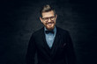 © Fxquadro - Bearded elegant male in eyeglasses dressed in a dark blue suit with bow tie.