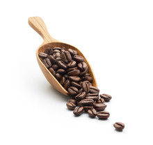 Coffee Beans On Wooden Scoop Isolated On White Background