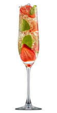 Fresh Fruit Alcohol Cocktail Or Mocktail In Champagne Glass With Ice, Strawberry And Mint Isolated On White Background