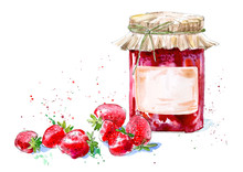 Sweet Strawberry Jam And Berry. Watercolor Hand Drawn Illustration.