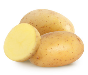 Canvas Print - Isolated potatoes. Raw potatoes and cut piece isolated on white, with clipping path