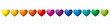 Twelve rainbow colored hearts in a row. Heart symbols in twelve unique color hues. Isolated illustration on white background. Vector.