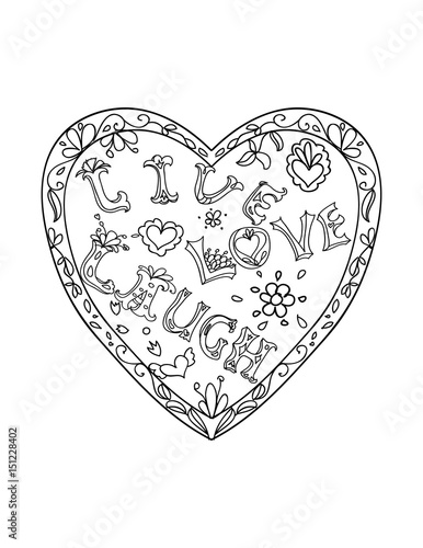 Decorative Coloring page with heart shaped frame live love laugh black and white Poster