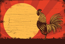 Drawing Of Rooster Crowing At Sunrise On A Wooden Sign, Vector