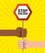hands with notice emblem of stop racism, vector illustration