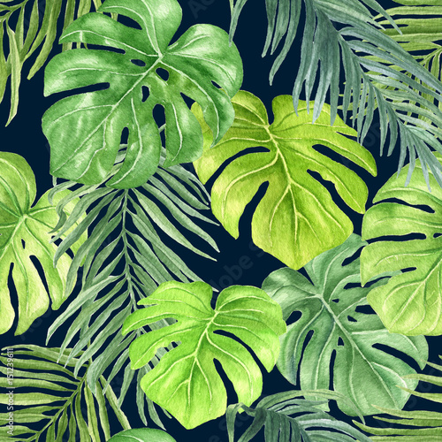 Naklejka - mata magnetyczna na lodówkę Watercolor palm leaves repeating pattern, hand drawn colorful tropical botanical seamless background illustration on dark blue background.