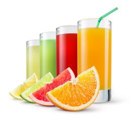 Wall Mural - Fresh citrus juices (orange, grapefruit, lemon, lime) and pieces of fruit. Glasses isolated on white background.
