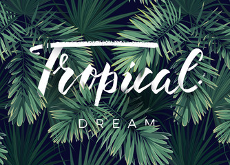 Summer tropical vector design for banner or flyer with dark green palm leaves and lettering.