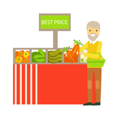 Sticker - An elderly man choosing vegetables with best prise signboard in a supermarket. Colorful character vector Illustration