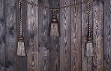 Luxurious Golden Tassels For The Curtain, Interior Decoration, Wooden Wall