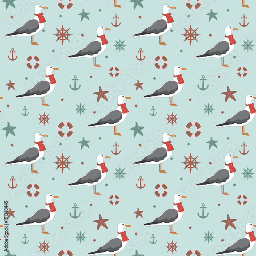 Stoffe zum Nähen Wektor wzór z seagull, koło ratunkowe i starfish, kotwica koła. Stylowy tło dla tkaniny, tkaniny, projekt kuchni lub innych powierzchni