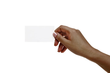 African female hand holds white card on a white background.