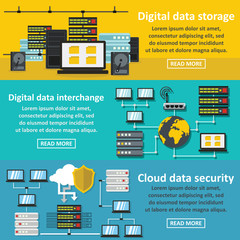data storage banner horizontal set, flat style