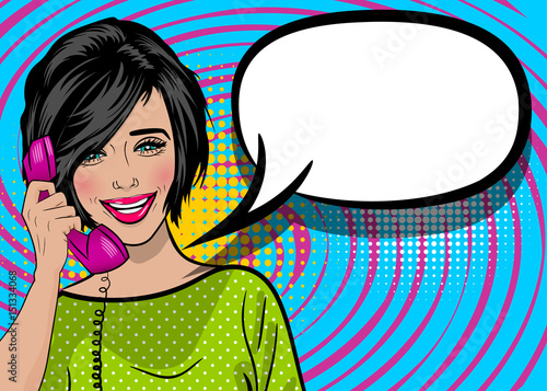 Zdjęcie XXL Pop-artu kreskówka kobieta trzymać rękę rozmowa retro telefon