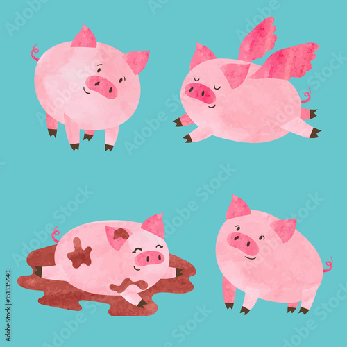 Download Cute watercolor pigs set. Vector cartoon illustration ...