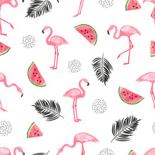 Seamless Tropical Trendy Pattern With Watercolor Flamingos, Watermelon And Palm Leaves. Vector Summer Background.