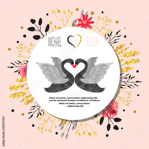 Wedding invitation card design with black swans. Vector illustration.