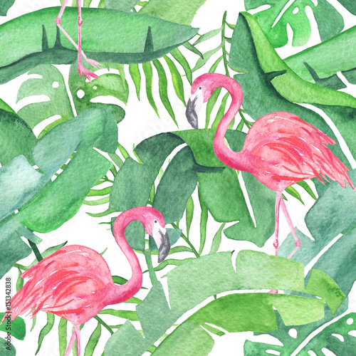 Fototapeta na wymiar Tropical leaves and flamingo saemless pattern