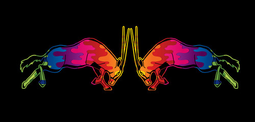 Wall Mural - 2 Oryx jumping to battle designed using melting colors graphic vector