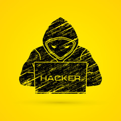 Hacker working on laptop designed using black grunge brush graphic vector.