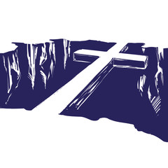 Christian wooden cross lying over the chasm, uniting us with God. Easter . symbol of Christianity hand drawn vector illustration