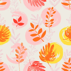 Fototapete - seamless pattern with hand drawn circles and leaves