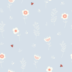 Fototapete - seamless pattern with flowers, leaves and ladybugs