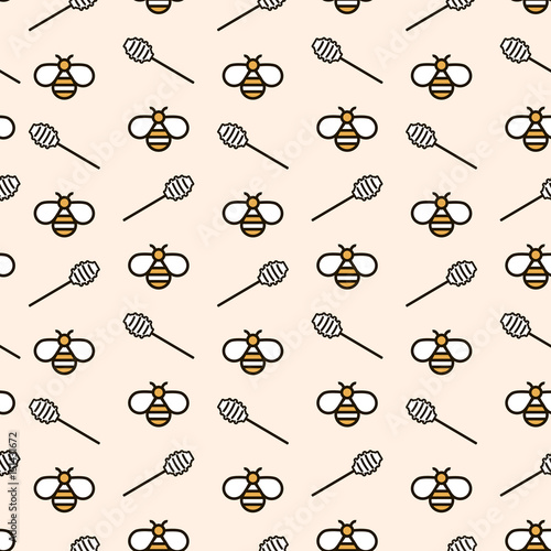 Cotton fabric Background with bees and honey spoons. Vector seamless honey pattern. Simple background for prints, digital, web, decoration, banners, wrapping paper, package. Food backdrop. EPS10.