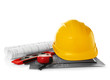 © Africa Studio - Blueprints, helmet and engineer supplies on white background