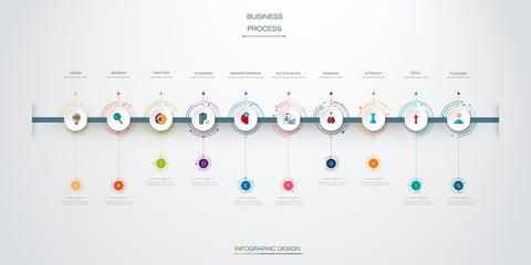 vector infographics timeline design template with 10 option and integrated circles background. for c