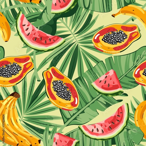 Stoffe zum Nähen Nahtlose Muster mit tropischen Früchten und Blättern. Vektor-Illustration.