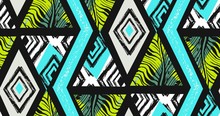 Hand Drawn Vector Abstract Freehand Textured Seamless Tropical Pattern Collage With Zebra Motif,organic Textures,triangles Isolated On Black Background.Wedding,save The Date,birthday,fashion