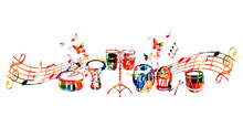 Music Instruments Background. Colorful Drum, Darbuka, Bongo Drums, Indian Tabla And Traditional Turkish Drum With Music Notes Isolated Vector Illustration