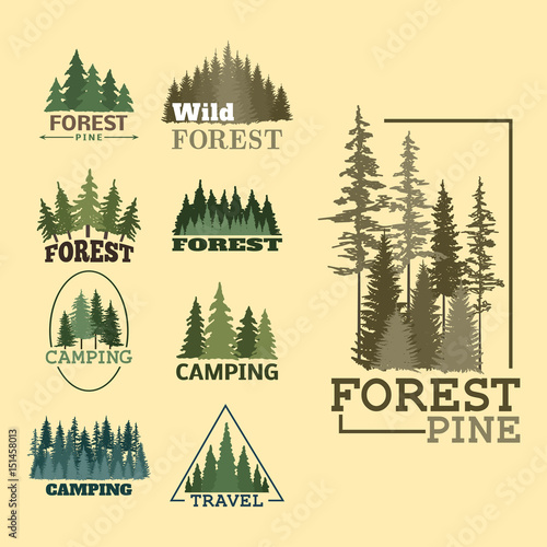 Tree outdoor travel green silhouette forest badge coniferous natural logo bad...
