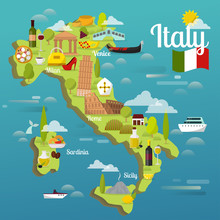 Colorful Italy Travel Map With Attraction Symbols Italian Sightseeing World Architecture Vector Illustration