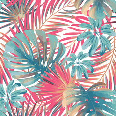 Wall Mural - Summer exotic floral tropical palm, monstera leaves in pink and blue colors. Vector seamless pattern. Plant nature wallpaper