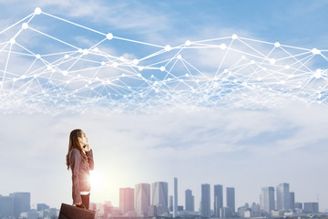 Aufkleber - young business woman and mesh communication network concept. Internet of Things. Information Communication Network. Smart city. abstract mixed media.
