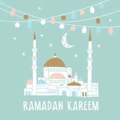 Wall Mural - Silhouette of hand drawn mosque with garlands of light bulbs, moon, stars, vector illustration background for muslim community holy month Ramadan Kareem.