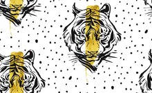 Hand Drawn Vector Abstract Creative Seamless Pattern With Tiger Face Illustration,golden Foil And Polka Dots Texture Isolated On White Background.Design For Fashion Fabric,decoration,wrapping,business
