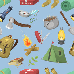 Wall Mural - vector travel outdoor camp recreation expedition tourism seamless pattern summer wilderness