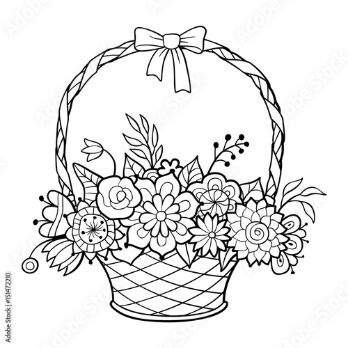 Basket of flowers with handle decorated with ribbon and bow. Black and ...