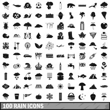 100 Rain Icons Set, Simple Style 