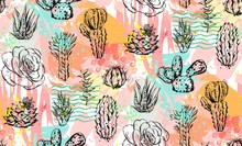 Hand Drawn Vector Abstract Graphic Creative Succulent,cactus And Plants Seamless Pattern On Colorful Artistic Brush Painted Background.Unique Unusual Hipster Trendy Design.Hand Made Graphic Art