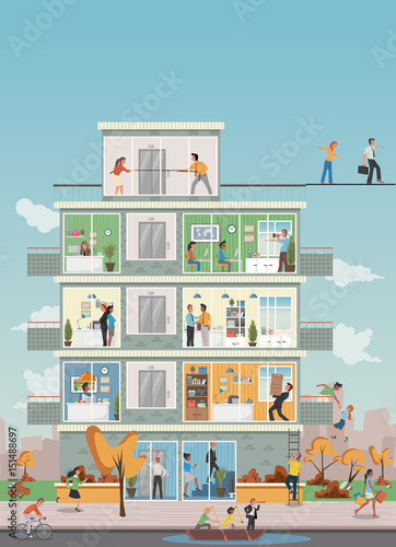 Building with cartoon business people working in office workspace. Business w...